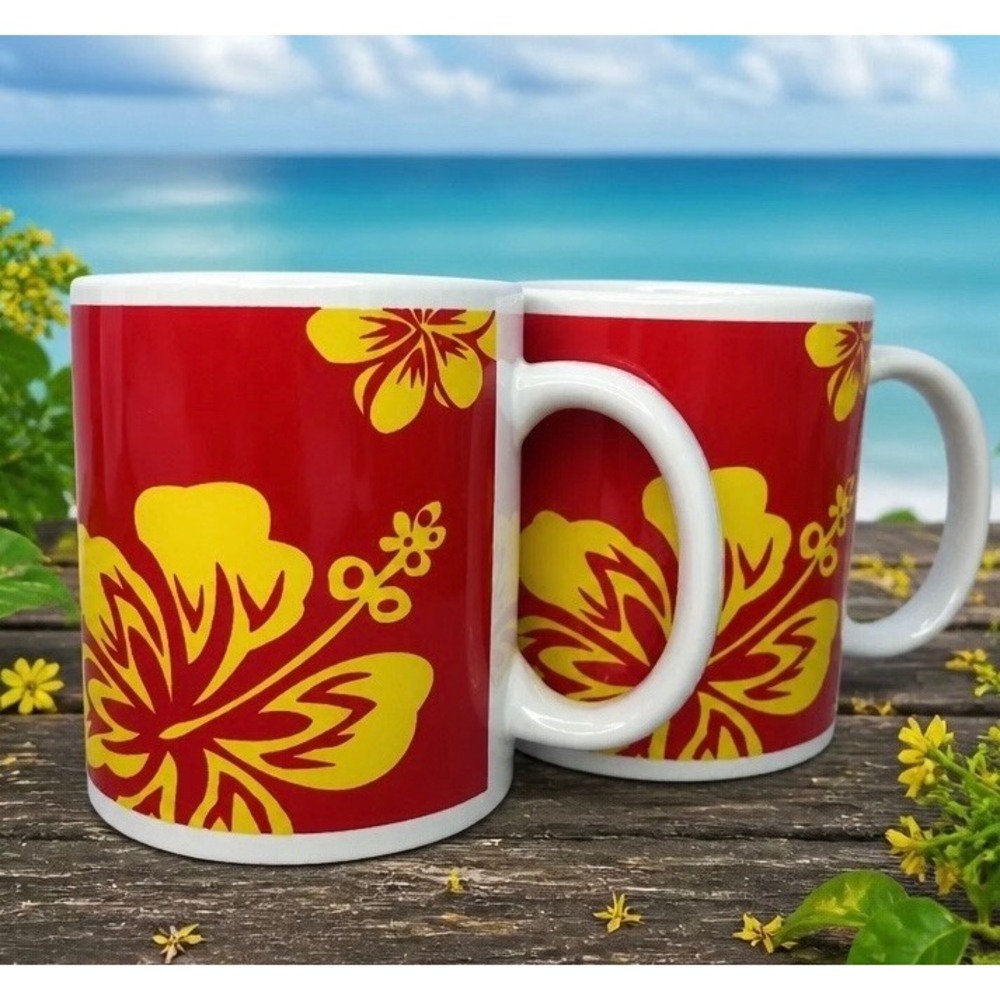 Island Heritage Bold Hibiscus Red Coffee Mug Set 2 Hawaii Floral Tropical Used